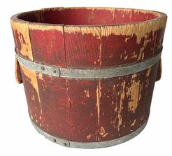 **Sold**H474 � Early Lancaster County, Pennsylvania wooden bucket in original red paint. Tongue and grove staved sides secured by two metal bands. Applied wooden handles. Great original dry surface with wear indicative of use. Measurements: 13 ¾� diameter (across top) x 10� tall. The sides are a full ½� thick. 