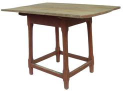 Late 18th ( 1790-1800) Stretcher Base Tavern Table , found in North Carolina- with a rectangle three board top, held in place with two batons,  splayed base all mortised and pegged,  with original red paint Measurements are 24 3/4" wide x 35" long  25 1/2" tall