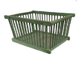 Z444 Late 19th century Produce Crib, sturdy wooden basket, made from dowels and a wooden bottom,spacers between the dowels, for ventilation, with the original apple green paint,