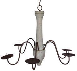 A1 late 19th century Hanging Chandelier  original white painted wooden turned  center is surrounded by iron arms for holding candles, with drip tray, found in up state New York  23" tall x 20" diameter