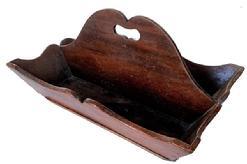 A467 19th century walnut Cutlery Box wih a high arched cut out heat shaped handle , with scalloped sizes , canted sizes, with a one board nail on bottom with square head nail, dovetailed case, in original dry surface circa 1820