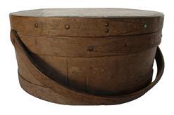 B288 Early 19th century over sized very unusual , bail handle Pantry ,with the original nutmeg painted surface, The Pantry Box is tongue and groove, softwood staved sides, wood bands with copper tacks , bent wood handle