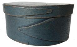  E204   Pantry Box  Maple & pine, mid 19th C, New England.  Opposing fingered body & lid, tacked &  wood pegged construction.  Dry, original blue never painted over original surface patina. Diam 7" diameter x 3 tall