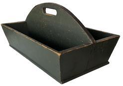 E55 Mid 19th century Carrier, with wonderful dry windsor green paint, one board bottom all square nailed construction, high arched divided with cut out handle circa 1840-1850 