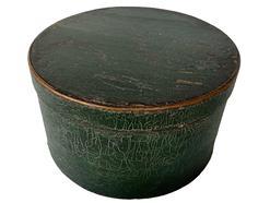 F718 19th century Painted Round Wooden Pantry Box, in old green gatored green paint Excellent old green paint ,ca. 1880; bentwood box with tack bands,