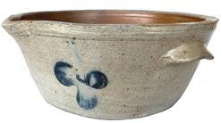 **SOLD** G114 Cobalt decorated Stoneware milkpan, Baltimore MD. origin, circa 1870, flaring bowl form with pouring spout, decorated all around bowl with brushed cobalt leaves.