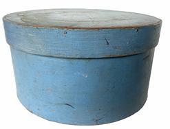 G854 Original Blue Painted Round Wooden Pantry Box in excellent old robin egg blue paint. Thick-walled, steamed and bentwood construction secured with tacks and wooden-pins. Circa 1880. Natural patina on the inside.