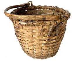 G884 Swing handle split oak basket - Natural patina surface with double wrapped rim, hand carved and notched handle supports, solid wooden bottom and hand carved, steamed and bent handle.