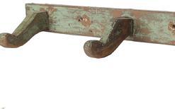 **SOLD** E489 19th century New England original greem painted Peg Rack with four pegs, circa 1820