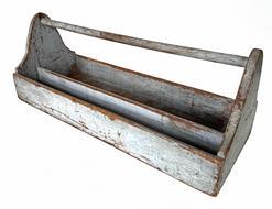 H907 Oversized tool carrier with high arched ends and sturdy wooden handle. Divided interior. Old gray painted surface with great wear and patina from years of use.