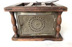 F452 American Walnut 18th Century Wonderful foot warmer with punched hearts, with thin wire bale handle for easy carrying. Has original removable cup inside which can be taken out to clean out the ashes. Great folk art punched tin panels have punched heart decoration.