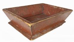 J323 Mid-19th century Pennsylvania Apple Box in old red painted surface over the original gray paint. Box features nicely canted sides and a raised footed base. Square head nail construction. Very sturdy. Measurements: 15 x 12 x 4 ¾ tall (Box interior is 3 5/8 deep)