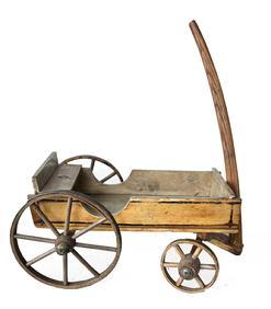 *SOLD* J424 Miniature wooden Buckboard Wagon Toy with original mustard paint and black pinstriping. All wood with wire nail construction.