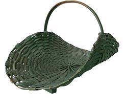 K311 Stunning split oak gathering flower basket, in the original dry green paint, nice high steamed and bent handle, with aplied feet to the bottom