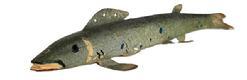 M16g Hand carved Folk Art Pike shaped / painted Fish Decoy from Michigan featuring original silver surface with black and blue spots and carved details for mouth and gills. Wooden body with stationery metal fins featuring painted details to match the body paint. Painted eyes. Solid wood body with a metal weight embedded into the underbelly. Unknown Michigan Carver.  Approximate measurements: ~6 &frac12;� long x ~1 &frac34;� wide x ~1� tall. 