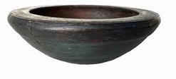 RM1367 Early 19th century hand turned wooden bowl retaining its old blue paint. . Thick walled with incised rings around the inner and outer edge of the rim. Evidence of slow turnings and nice wear visible on the outside.