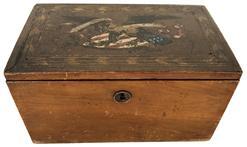 PATRIOTIC 1850-60S CIVIL WAR ERA DOCUMENT BOX WITH ORIGINAL EAGLE & FLAGS HAND PAINTED ON LID - ORIGINAL KEY. 