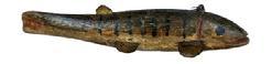 M16F Hand carved Folk Art carved and painted Fish Decoy from Michigan retaining remnants of its original green, black and brown painted surface with carved details for mouth and gills. Wooden body with stationery tin fins and painted eyes. Solid wood body with metal weights embedded into the underbelly. Unknown carver in the Cadillac, Michigan style.  Approximate measurements: ~5� long x ~1 &frac34;� wide x ~1� tall. 