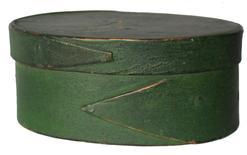 Z12 Shaker Pantry Boxes, late 19th century ,oval bent wood boxes, with single finger and copper tacks with original windsor green paint