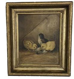 **SOLD** K1551 Wonderful oil painting on canvas depicting three small Chicks eating from an Oyster Shell. Unsigned. Nicely framed in what appears to be the original frame  with a partially legible stamp on back that dates 18??. Framed measurements: 14 ½ wide x 2 thick x 16 ½ tall. Canvas measures 10 wide x 12 tall.  