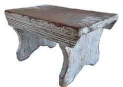 S535 Mortised Stool with the old gray paint over the original red, the drop aprons on each side are mortised into the legs and boast a series of decorative 1/8" beading that runs the length of the stool. The shaped legs are mortised through the top and feature cut out feet.  Measurements:12" long x 7 &frac12;� wide x 6 &frac34;� tall.