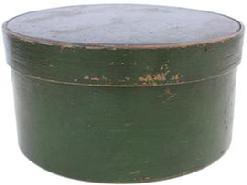 C385 19th century outstanding Pantry Box with the original beautiful dry green paint, heavy construction, bent wood round form with nailed lap joint