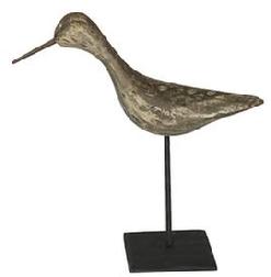 G927 Hand carved wooden Yellow Leg, carved in the style of Hudsonian, with iron bill, on a wooden base, ice war patina Measurements are 11 1/2 from bill to tail x 1 1/2" tall