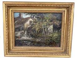 G183 Original Framed Oil Painting of old Mill Landscape small painting, signed D. Lockhart, gorgeous matte gold framed, in very good condition