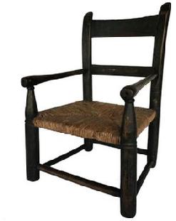F1 Child's Ladder Back Armchair, Slat Back with original green paint Shenandoah Valley Virginia, 18th Century.  Chair retains its original rush seat.