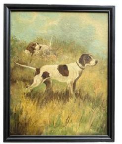 G466 Early 20th century portrait of two hunting dogs painted in oil on artists board. The dogs are realistically portrayed in tall grasses with very attentive expressions. The painting is signed lower left with Stockwell. Painting is attributed to listed artist Catherine Haynes Stockwell (1895 - 1983) of Eustis, FL.Catherine Stockwell was born Catherine Haynes in 1895.