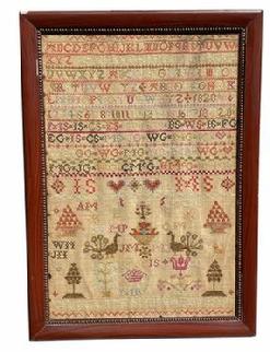 G353 Exquisite Family sampler wrought by �Charlotte Smith, FEB 1829� This remarkable Sampler features two dates (1828 and 1829), bands with four full sets of repeating Alphabets, a band of numbers 1 - 20, as well as spot motifs that include multiple hearts, flowers, a very detailed cat, bowl of fruit, chickens, peacocks, trees, a crown.... and an astounding 46 sets of initials! 