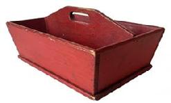 J353 19th century Pennsylvania original Tomato Red painted Cutlery tray / knife box with curved center divider featuring an oval cutout for carrying purposes. Nicely canted sides. Wire nail construction. Circa 1880s. Very dry surface with wear indicative of use. Measurements: 11 ¼ x 8 1/2 across top. 10 5/8 x 7 1/2 across bottom. 5 tall (center).  The sides are 3 5/8 tall. 