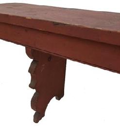 E365 19th century Lancaster County, Pennsylvania double mortised Hall Bench circa 1800-1820, beautiful dry never over painted red paint, very elaborate boot jack cut out ends. 