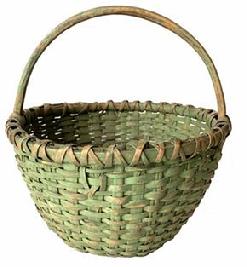 G827 Original Apple green painted tightly woven basket with high notched handle and nicely double wrapped rim and woven bump up center on the bottom. Very sturdy with great wear.