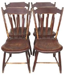 E589 Early 19th century American Windsor Arrow-back chairs, thumb top stiles, three arrow splates above scooped seats, raised on bamboo turned legs joined by stretchers, and paint decorated with mustard pin stripping on the original red paint ,.