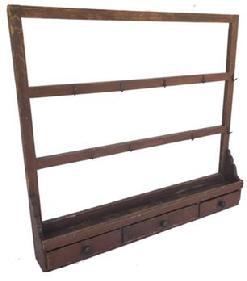 **SOLD** E230 COUNTRY PAINTED DRYING RACK, three rails mortised through end posts with ten wrought iron hooks