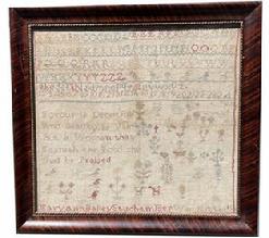 H443 - Late 19th century identified, hand-stitched sampler by Mary Ann Bailey. Sampler is stitched with what appears to be cotton threads over linen material and boasts blues, browns, tans, red and ecru colors. 