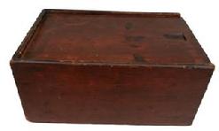 T18 19th C. large painted Candle Box c. 1820-1840. Retains an early dry red painted surface. The sides are wonderfully dovetailed , The lid is champhered on three sides, it fits perfectly & slides easily. The inside is one compartments. This would have been used for the storage of candles . Measurements are:15 1/2  long x 10 wide x 7 tall