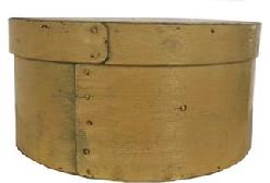 RM1113 19th century New England  Pantry Box with old light  yellow paint  ca. 1880; bentwood box with tack bands,   natural patina on the inside   9 diameter x 4 1/2" tall