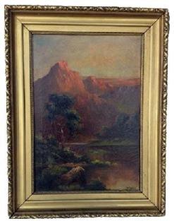 Large size turn of the century (19th-20th) oil painting on canvassigned by Artist JM Tucker  is set in an  giltwood frame. The scene is of Mountains , with a stream and single tree.There is a lot of grace and delicacy in the treatment of the scene. 