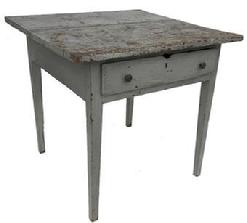 Q594 19th century Virginia Work table with the original pewter gray paint, and a dovetailed drawer,two board top, all yellow pine, Augusta Co Virginia circa 1840