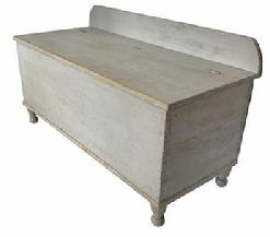 RM1413 Lancaster County, Pennsylvania original gray painted lidded wood box with backsplash resting on turned feet. Dovetailed case. One board construction. Great, small size. Circa 1820. Measurements: 49 wide x 21 ¼ deep x 22 tall (front). The back is 27 ¾ tall. 