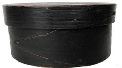 RM1091 19th Century small black painted lapped-seam Covered Box, America, round form with pine top and bottom and bent maple sides joined with opposing lapped fingers.