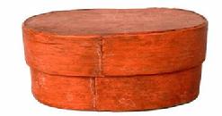 G675 Miniature oval wooden pantry box in old pumpkin paint. Steamed and bentwood sides and rim are securely glued to top and bottom of the box. Fantastic size for top of a stack collection!