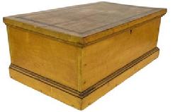 F348 Mid 19th century Lancaster County polychrome yellow painted with a green pin striping on lid Document Box, applied molding t the base, one board square head nail construction, The interior and has a written inscription ( Dec. 7 1854 snow 3 feet deep and still snowing ) Measurements are: 20" wide x 12" deep x 8" tall