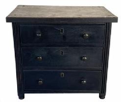 **SOLD** G257 19th century Pennsylvania Miniature chest of drawers, with original black paint, four dovetailed drawers the drawers are completely functional, the wood is walnut