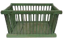 Z444 Late 19th century Produce Crib, sturdy wooden basket, made from dowels and a wooden bottom,spacers between the dowels, for ventilation,   with the original apple green paint, 