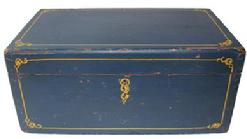 C573 19th century Document Box with the original blue paint with yellow pin strip decoration dovetailed case with square head nail construction. With beautiful painted salmon interior, circa 1850