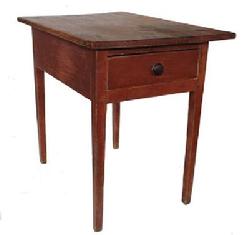 C106 Late 18th century one drawer work table with the original red paint, dovetailed drawer, thick one board top chamfered around edges to appear thinner than it is,held place with tee nails circa 1790 - 1810