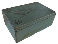 F209 Late 19th century New England Patriotic original blue painted Calligrapher's Box, with painted wing spread Eagle, and flowers in each corner. Box jointed construction